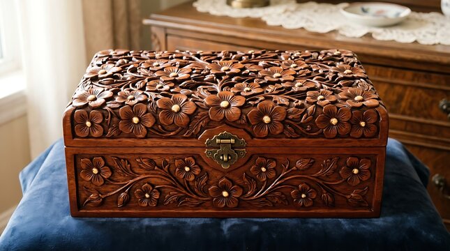 Intricately carved wooden jewelry box with floral designs on lid and front, sitting on blue velvet stool indoors