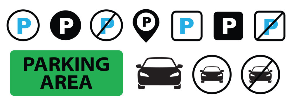 Collection of parking signs and car icons on white background for navigation and transportation