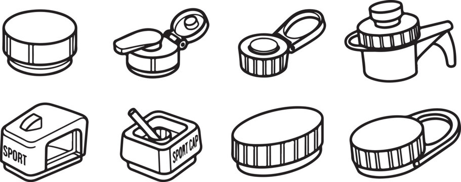 Set of eight sport caps with screw top and clip Vector