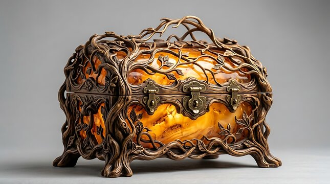 Intricately designed bronze and amber jewelry box with tree branch details and metal latch