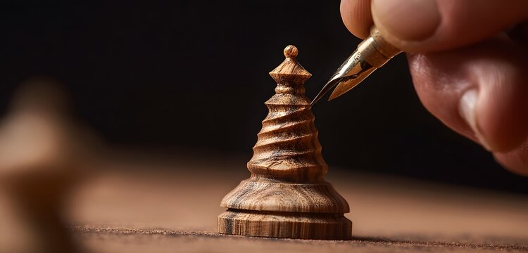 A hand using a tool to carve a small wooden chess piece on a table