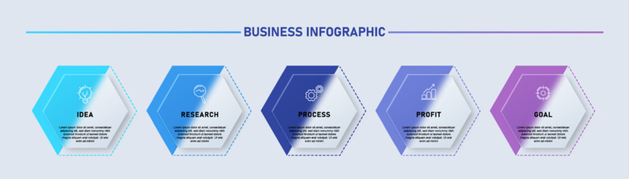 Modern business infographic template featuring five step hexagon process layout with clean gradient style