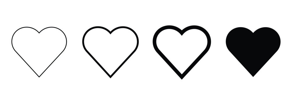 Set of black heart shapes on isolated white background for valentines day