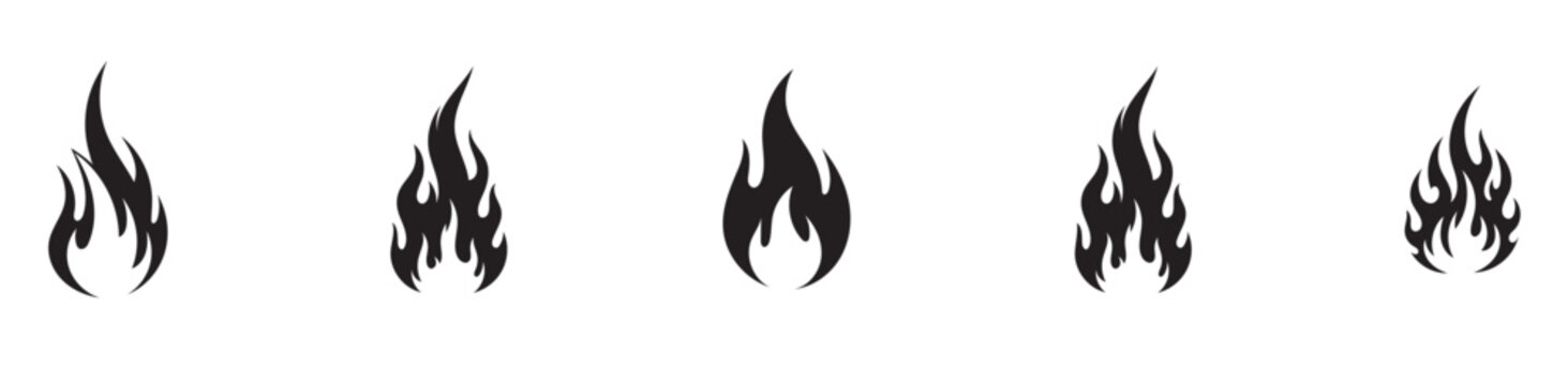 Collection of black flame icons in various shapes and sizes isolated on white background for design and decoration purposes