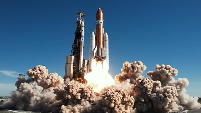 Heavy lift rocket launching from pad with smoke and fire