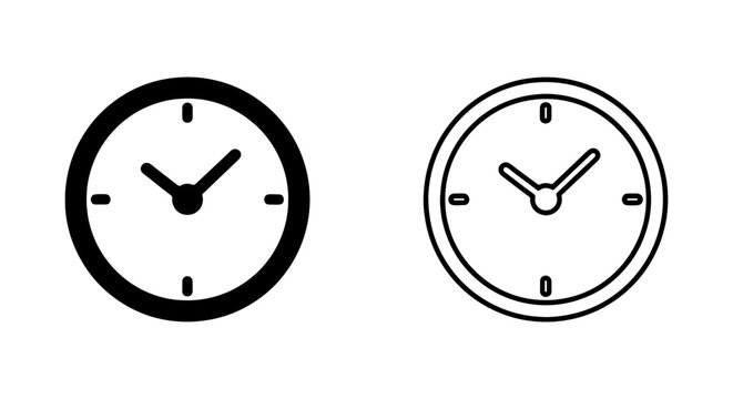 Two analog clock faces in black and white on a pure