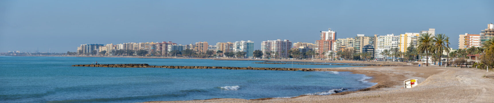 Benicasim Beach Wide Panorama on the Mediterranean Coast in Valencia, Spain at Sunny Day