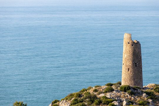 Torre Colometa Coastal View in Oropesa del Mar, Castellon, Spain, Tower on right side
