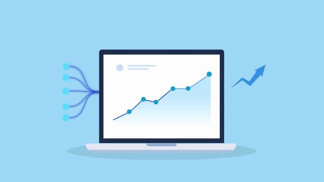 Minimal flat animation of a laptop displaying a rising data chart with incoming data lines and an upward arrow icon, representing analytics, positive trend, and business performance growth.