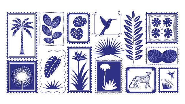 Tropical summer elements in frames, exotic geometric pattern vector illustration, jungle nature sticker set with leopard, palm tree, toucan, flowers, hibiscus, parrot, leaves, and plumeria, vibrant.