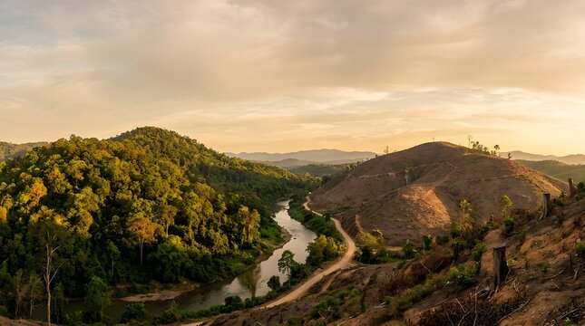 Panoramic wide-angle shot at golden hour shows a winding river separating lush tropical forest from deforested hills, highlighting environmental impact.