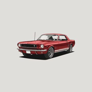 Red vintage classic American muscle car Ford Mustang 1965 coupe isolated on light background.