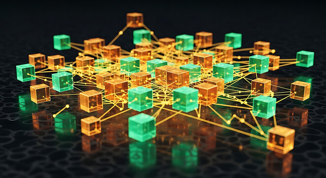 Glowing 3D network of connected cubes, blockchain technology concept with orange and green blocks on dark background