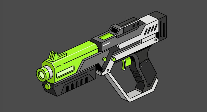 Close-up of a futuristic neon green ray gun isometric vector illustration on dark grey background