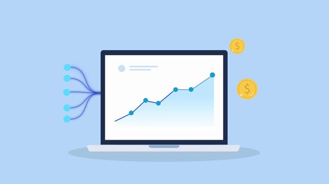 Minimal flat animation of a laptop displaying a rising data chart with incoming data lines and coin icons, representing financial analytics, revenue growth, and business performance tracking.
