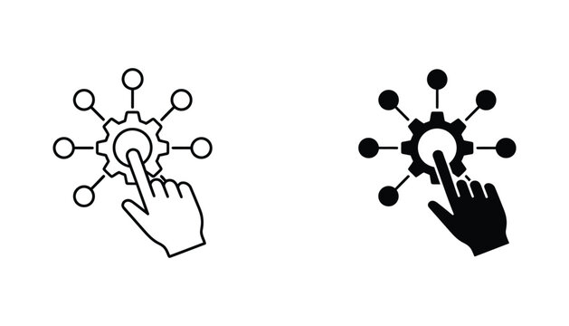 Data network connection icon set for technical systems and digital infrastructure management featuring gear and node link symbol with hand cursor
