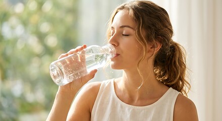 Beautiful young woman drinking fresh mineral water from glass bottle to stay hydrated at home © By Felis