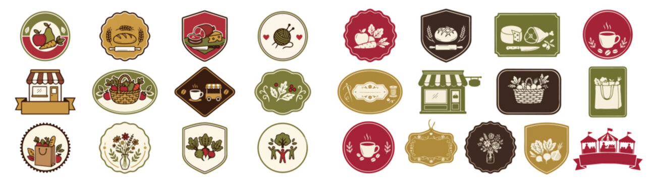 24 Vintage Farmers Market Food Cafe Bakery Badge Emblem Icons Set