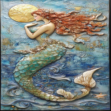 Intricate Mermaid Sculpture with Flowing Hair and Moonlit Sea.