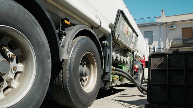 Tanker fuel truck refuels last remaining gas pumps during oil shortage crisis