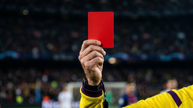 Referee hand holding red card on dark blurred background - soccer foul concept.