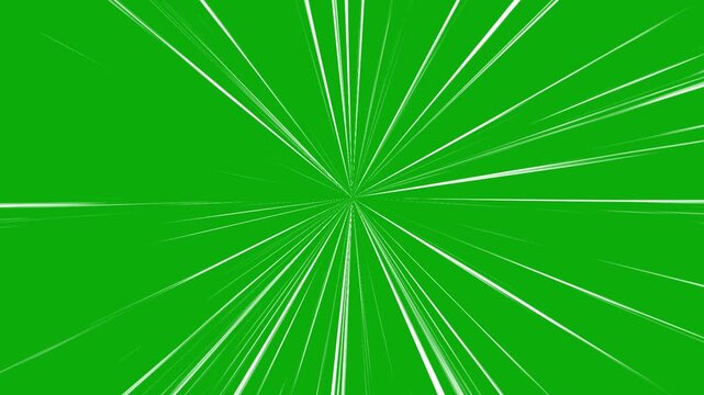 radial anime speed lines on green screen, white zoom burst speed effect on chroma key background. comic style radial speed lines.