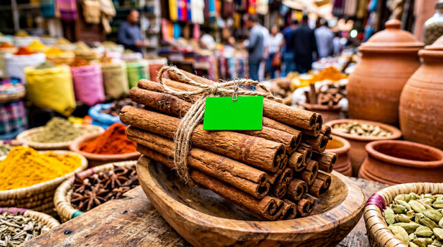 Bundle of cinnamon sticks with green tag in traditional spice market