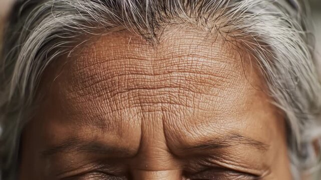 Tight Closeup Asian Senior Forehead With Furrowed Brow And Textured Skin, Grey Hairline Visible Cinematic Light Reveals Tension And Concentration, Matriarch Character Study, Themes Of Resilience.