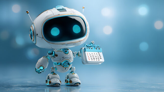 Cute White Robot Holding Calendar on Blue Background, Artificial Intelligence Concept, Future Technology, Modern Design, Automation and Robotics