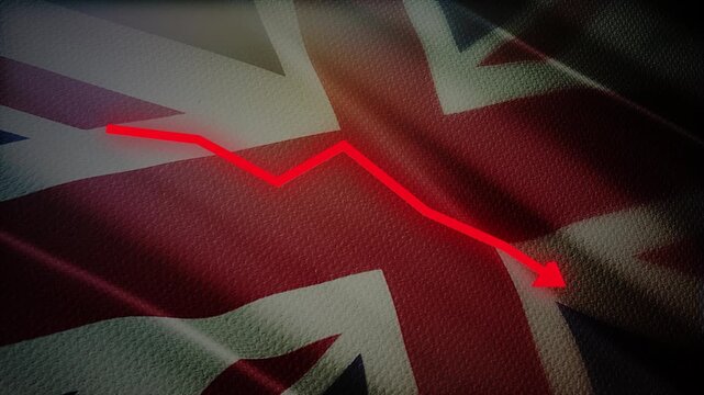 UK Flag with Red Financial Graph Chart &ndash; Economic Decline, Market Crisis and Inflation Concept