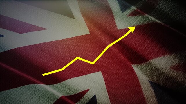 UK Flag with Yellow Financial Graph Chart &ndash; Economic Warning, Market Volatility and Uncertainty Concept