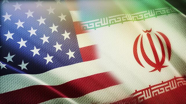 USA and Iran Flags Waving Side by Side in Wind &ndash; International Relations, Tension and Diplomacy Concept
