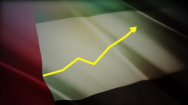 UAE Flag with Yellow Financial Graph Chart &ndash; Economic Warning, Market Volatility and Uncertainty Concept