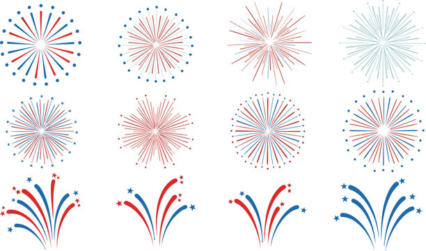 Red blue fireworks bursts collection festive celebration spark effects vector illustration patriotic holiday explosion elements design