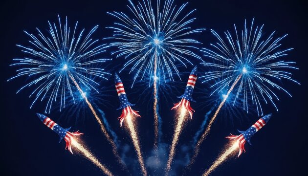 Patriotic firework rockets with American flag patterns, exploding blue pyrotechnic bursts in night sky, Independence Day celebration background