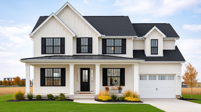 Charming family dream house exterior with classic architecture in serene suburban setting