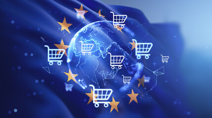 Digital EU ecommerce globe with shopping cart icons and golden stars floating over a blue abstract background representing modern online business concept. 3D Rendering © ImageFlow