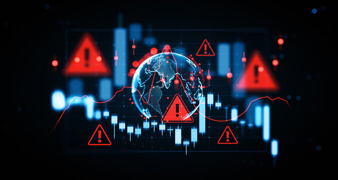 Global market warning concept with digital globe, red alert signs, volatile graph lines and stock exchange candlestick chart visualization in futuristic style. 3D Rendering