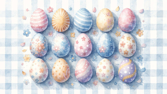 Pastel Easter eggs pattern on soft plaid background decorated with tiny flowers and polka dots background