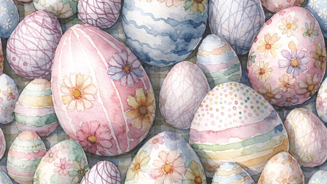 Pastel Easter eggs pattern on soft plaid background decorated with tiny flowers and polka dots background