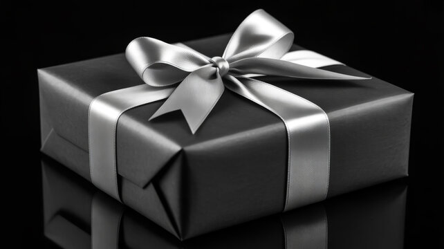 A close-up photograph of a black gift box with a shiny silver bow on top