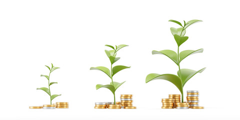 Naklejka premium Growing green plants sprouting from stacks of gold coins symbolizing financial growth and investment progress on a clean white isolated background concept. 3D Rendering