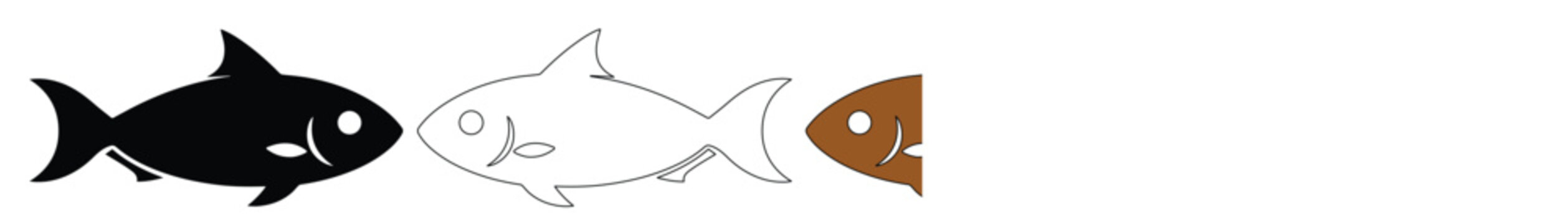 Fish Life Cycle Vector Illustration. Black fish, outline fish, and fish skeleton in a row, representing evolution and transformation. Simple graphic design for educational or biological concepts.