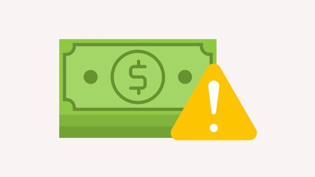 Animated icon of a green dollar bill with a yellow warning triangle and exclamation mark appearing. Symbolizes financial risk, economic warning, inflation warning, or currency instability. 4K quality.