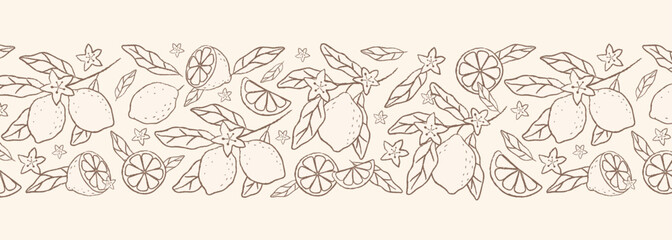 Obraz premium Hand drawn lemon seamless horizontal border. Citrus fruits whole and sliced, flowers, branches and leaves on beige. Botanical line art vector for fabric, packaging and stationery design