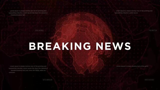 Breaking News digital globe broadcast motion graphic background. Professional breaking news intro with red world map and glitch effect.