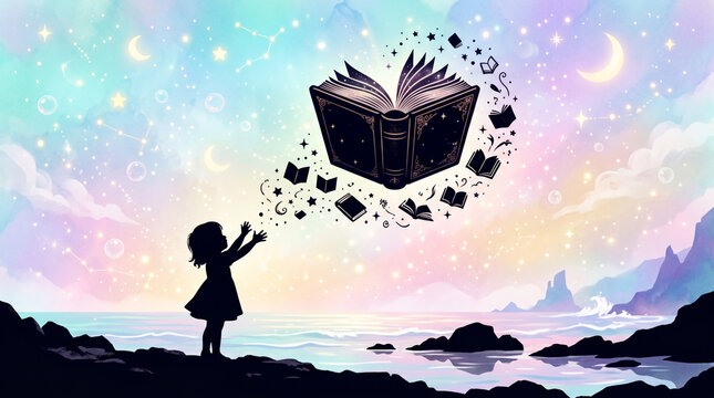 Whimsical illustration of little girl releasing magical book