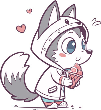 アイスクリームを手に喜ぶ可愛いハスキー犬の擬人化イラスト、ちびキャラ風ベクター素材