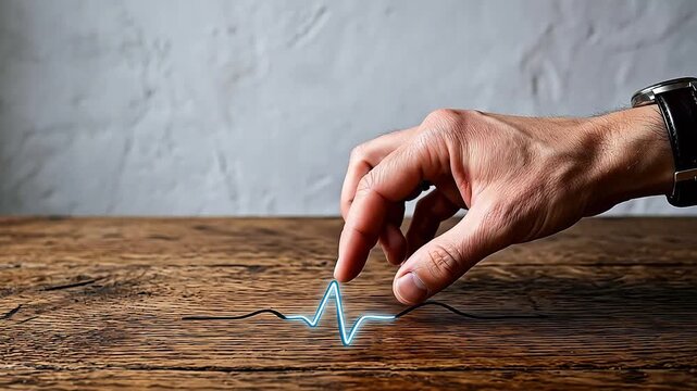 Hand drawing heartbeat line on wooden table for creative digital media and visual arts