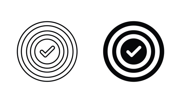 Target with check mark icon set in outline and solid black vector style for goal completion success validation and task management efficiency branding